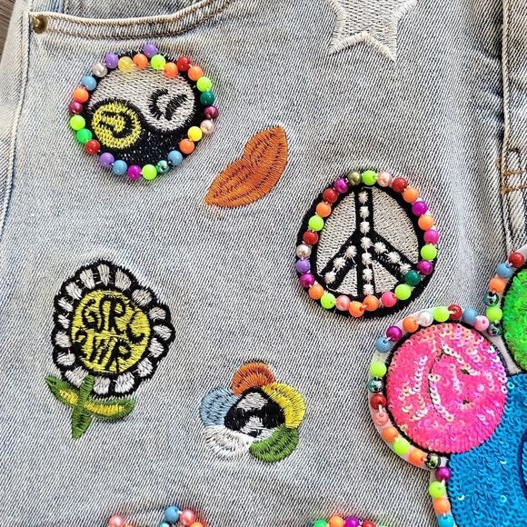 EUC fun rare La Ros women's Emoji smile butterfly love star jean skirt, M - Picture 3 of 10